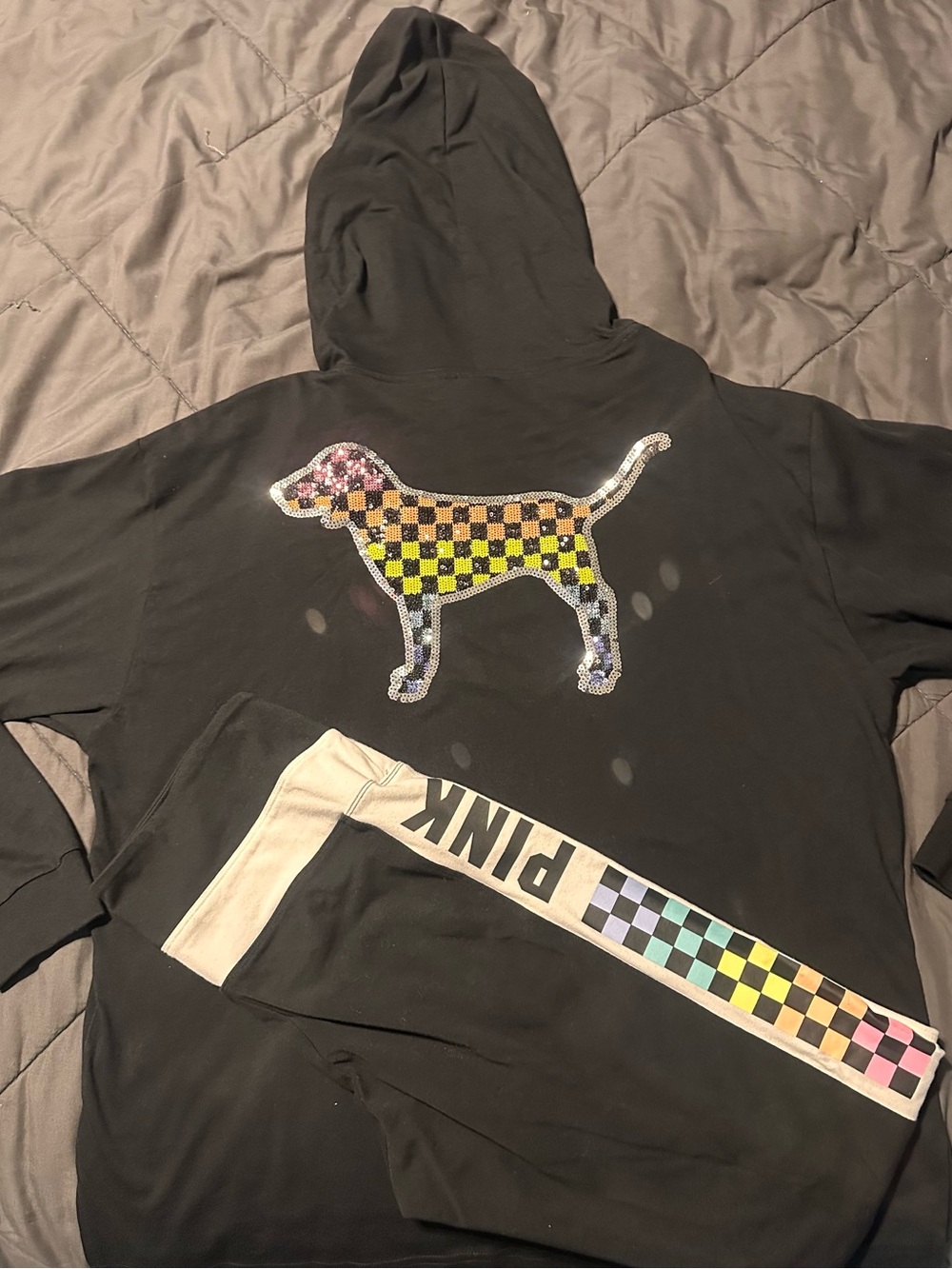 PINK Victoria's Secret Black Hoodie with Sequin Rainbow Checker Dog/Leggings L